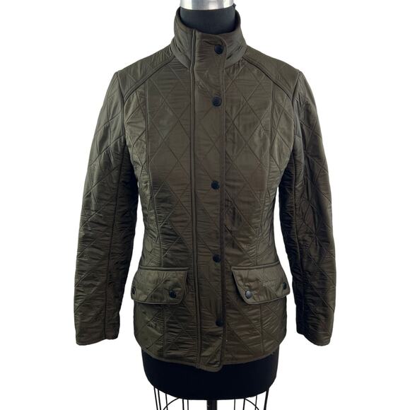 BARBOUR Cavalry Polarquilt Olive Green Jacket Quilted Snap Front Mock Neck Sz 4 - Picture 1 of 11